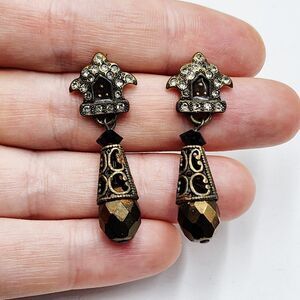 Vintage Bronze Tone Crystal Filigree Enamel Long Dangle Earrings Victorian Style